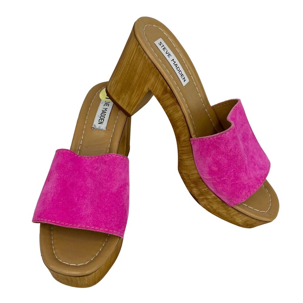 Steve Madden Neon Pink Block Heels Slides Sandals 9 Platform y2k